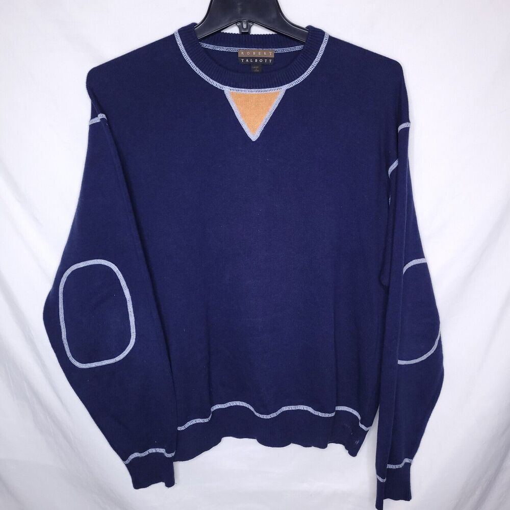 Robert Talbott Navy Crewneck Sweater with Light Blue Trim and Tan Accent